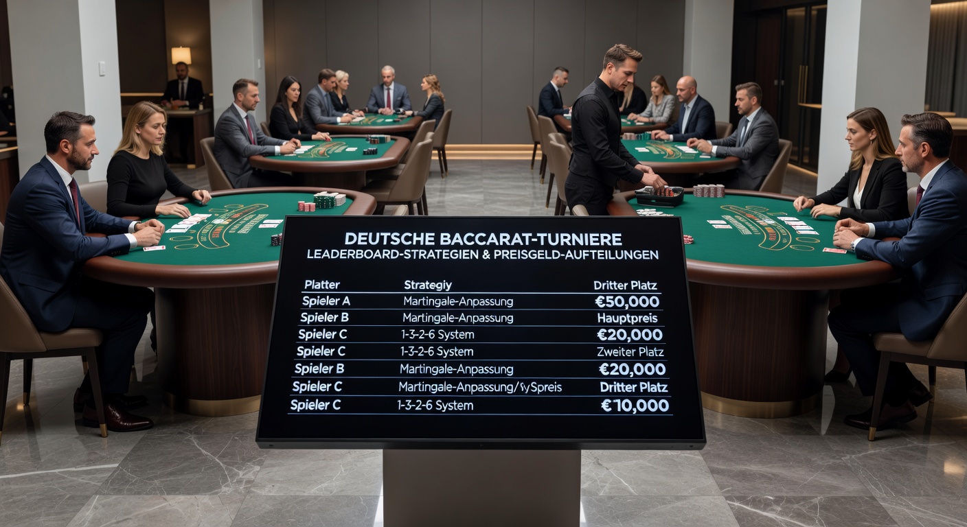 Spieler am Baccarat-Tisch in einem deutschen Online-Casino-Turnier, mit Leaderboard im Hintergrund