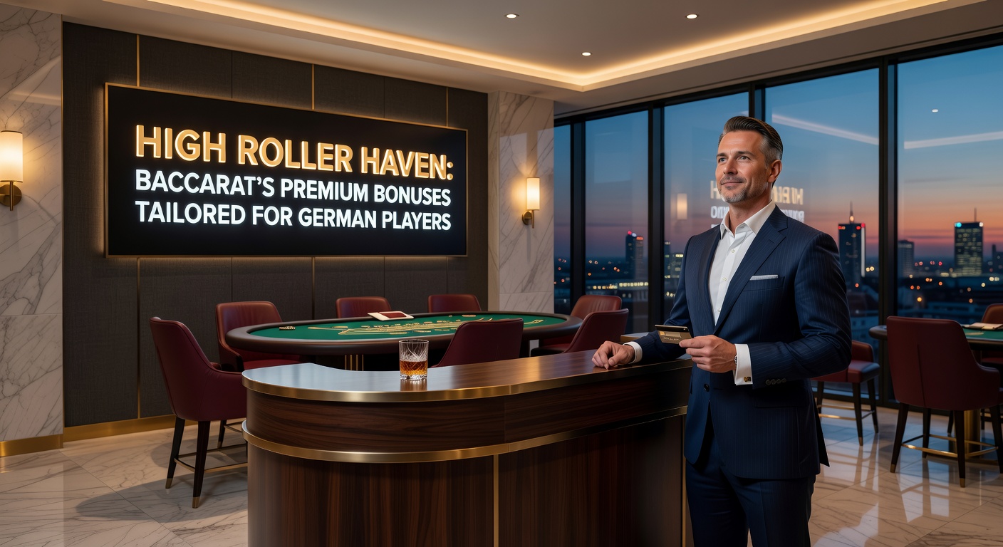 Ein elegantes Baccarat-Tisch-Setup mit High-Roller-Elementen wie hohen Chips-Stapeln und einem luxuriösen Casino-Hintergrund, das Premium-Boni für deutsche Spieler symbolisiert