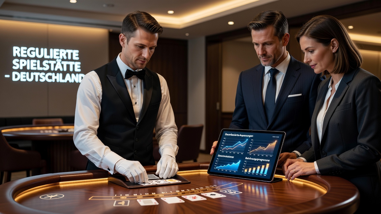 Baccarat-Tisch mit Spielern in einer regulierten deutschen Spielstätte während längerer Sessions