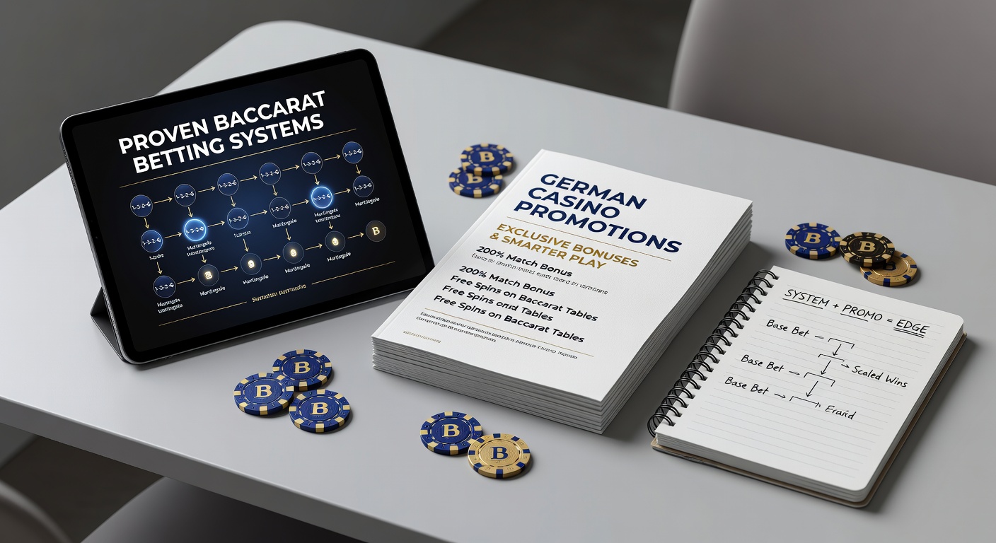 Grafik zeigt Baccarat-Tisch mit Strategie-Notizen und Casino-Bonus-Symbolen