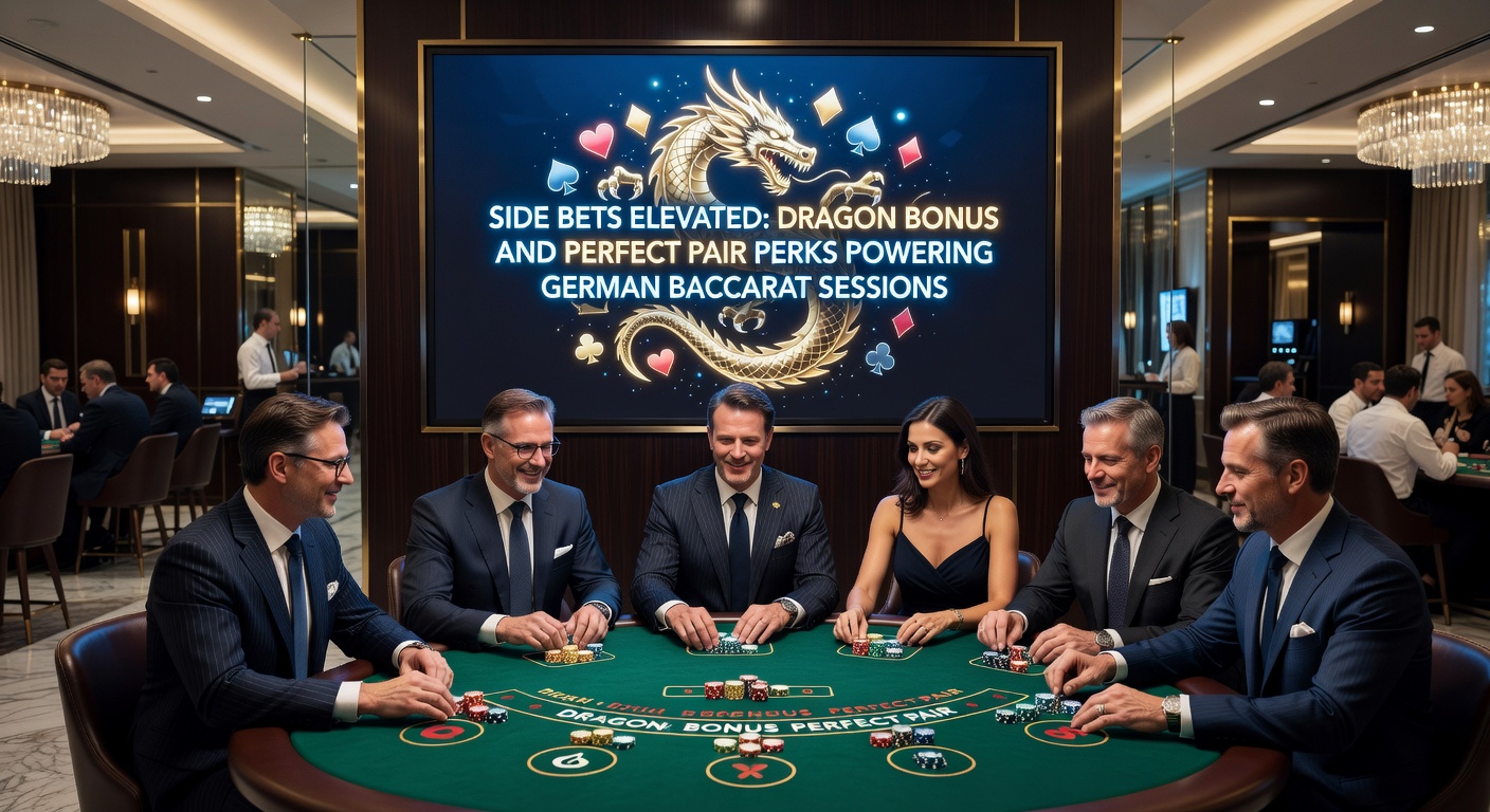 Detaillierte Darstellung eines Baccarat-Tisches mit hervorgehobenen Side Bets wie Dragon Bonus und Perfect Pair, typisch für Live-Sessions in deutschen Online-Casinos